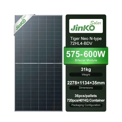 Jinko Solar Panel 575-600 watt Tiger Neo 72HL4-BDV N-Type 72Half Cell Bifacial Dual Glass Module 575W 580W 585W 590W 595W 600W