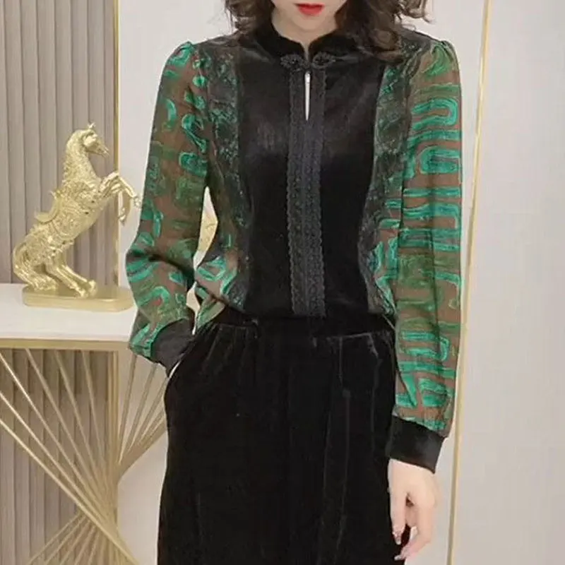 2024 Vintage bedruckte elegante Spitze Patchwork Bluse Frühling Herbst Stand Kragen weibliche Kleidung chinesische Scheibe Schnalle aus geschnitten