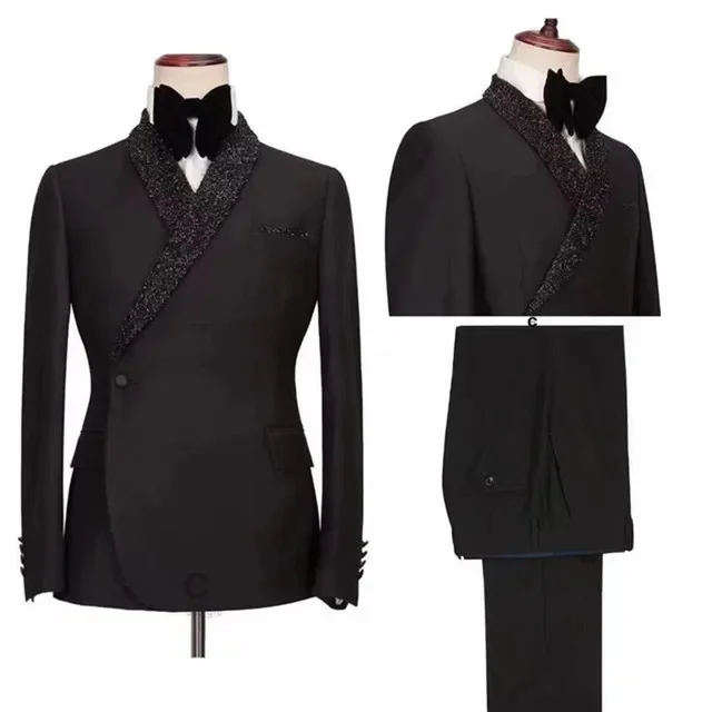 Slim Fit Men Suits With Double Breasted Black Shawl Lapel Wedding Groom Tuxedo Male Prom Blazer 2 Pieces Suit Jacket Pants