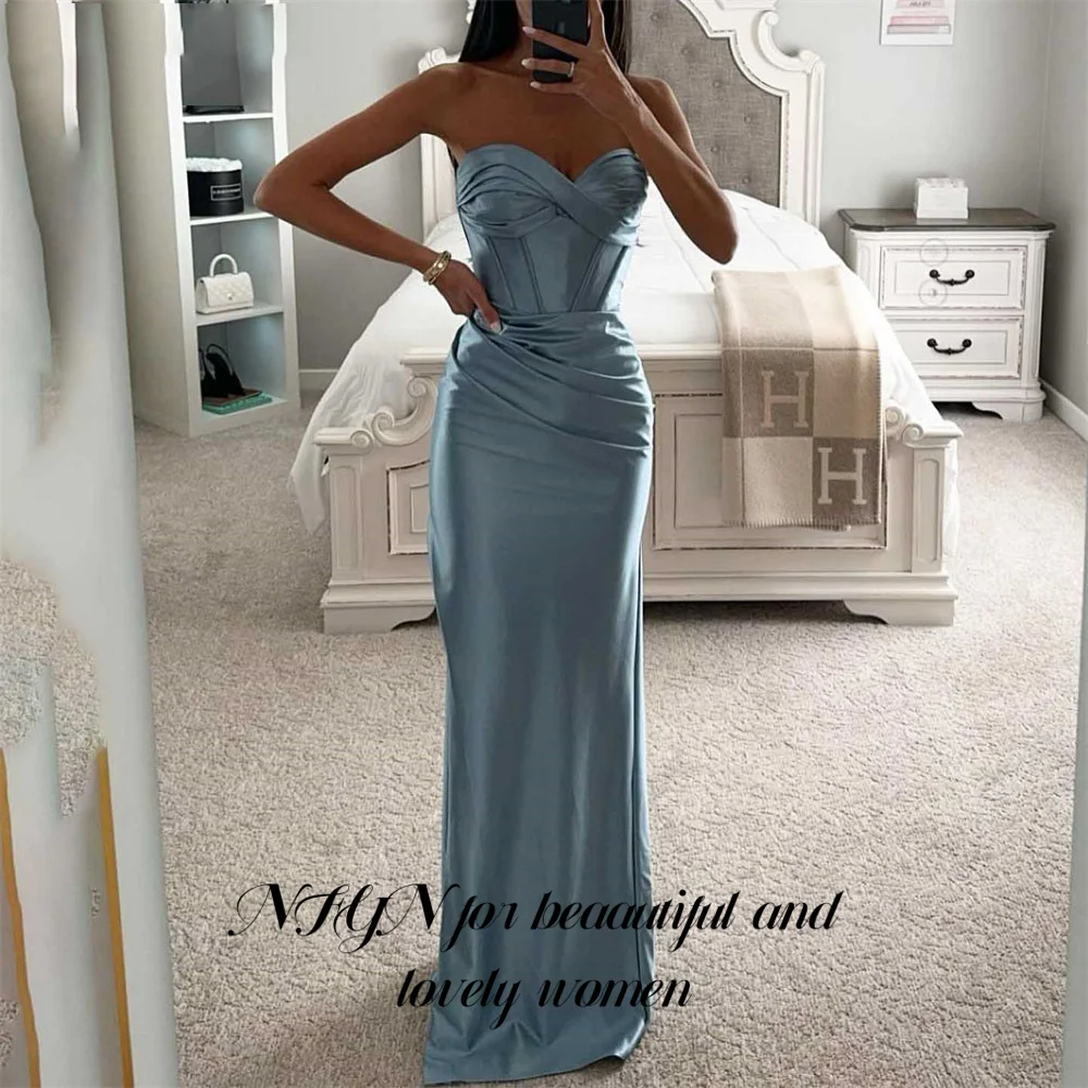 NFYN Dusty Blue Mermaid Special Occasion Dress Strapless Formal Gown Pleat Satin Evening Dress vestidos de fiesta Customized