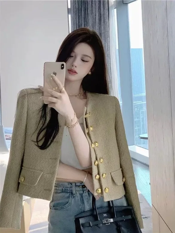 

Пальто из хлопкового твида осенне-зимнее 2025 года, приталенное, в элегантном стиле, с эффектом высокого класса, длинное, с круглым вырезом, топ