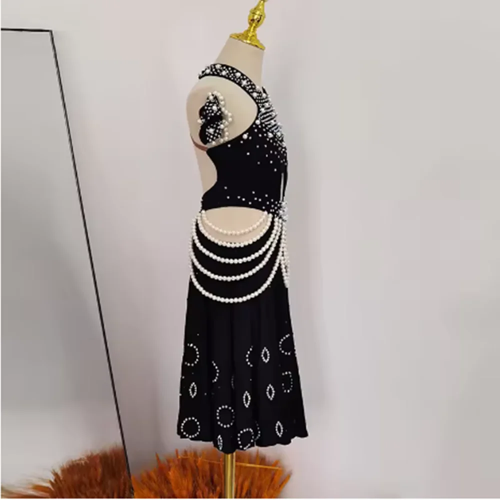 Robes de danse latine en perles scintillantes pour filles, tenue de compétition professionnelle, dos ouvert, col licou, robe de spectacle, vêtements de scène Samba yk
