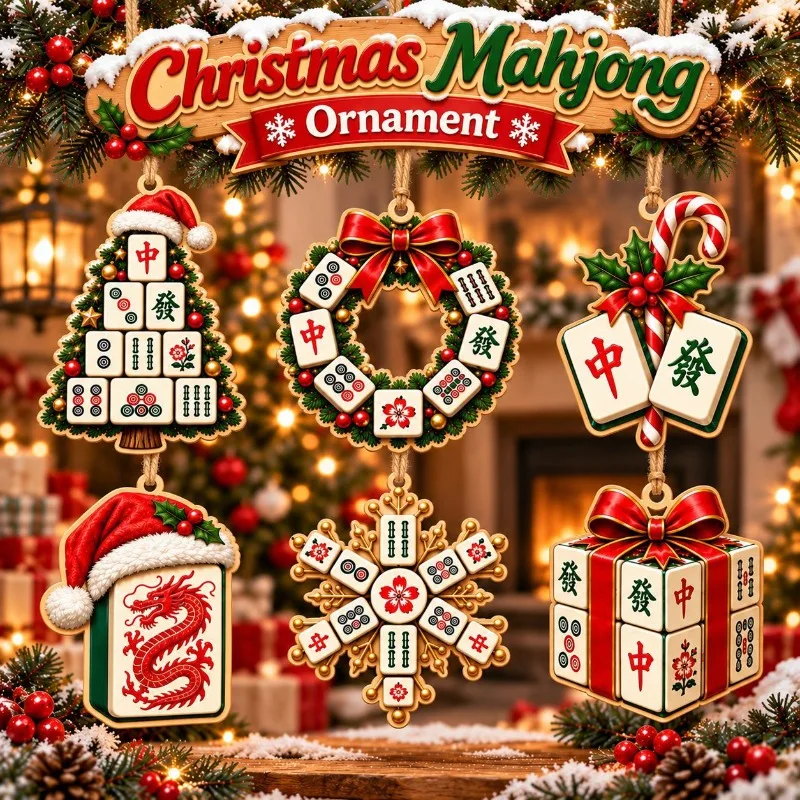 6Pcs Christmas Mahjong Hanging Ornaments Wooden Hanging Pendant Chinese Style Xmas Tree Decor Holiday Party Home Decoration Gift