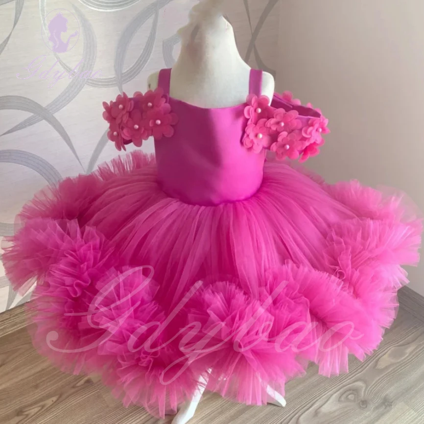 Robe de demoiselle d'honneur rose vif avec appliques, pour mariage, bretelles plissées, tulle gonflé avec nœud, robe de Rhpour enfants, fête d'anniversaire pour bébé