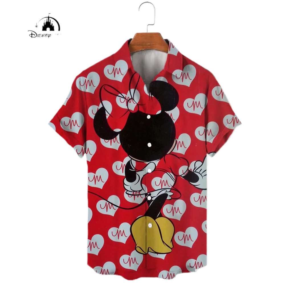 Nieuwe 2023 Zomer Disney Harajuku Slim Fit 3d Print Mannen Knoop Korte Mouw Revers Mickey Minnie Casual Schattig Shirt Y 2K