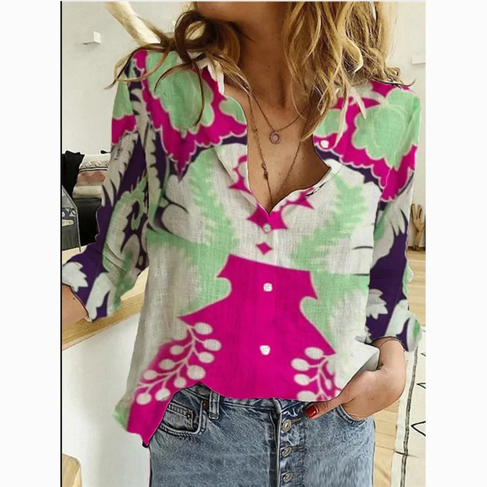 European and American Street Dress Women's Spring 2024 New Shirt Fashion Map Depicting Printed Long Sleeve Shirt Women YBF17-3