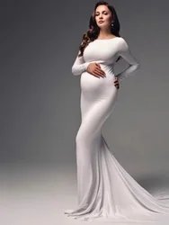 White Maternity Photography Props Dress Round Neck Maternity Photo Shoot Fishtail Long Baby Shower Dress