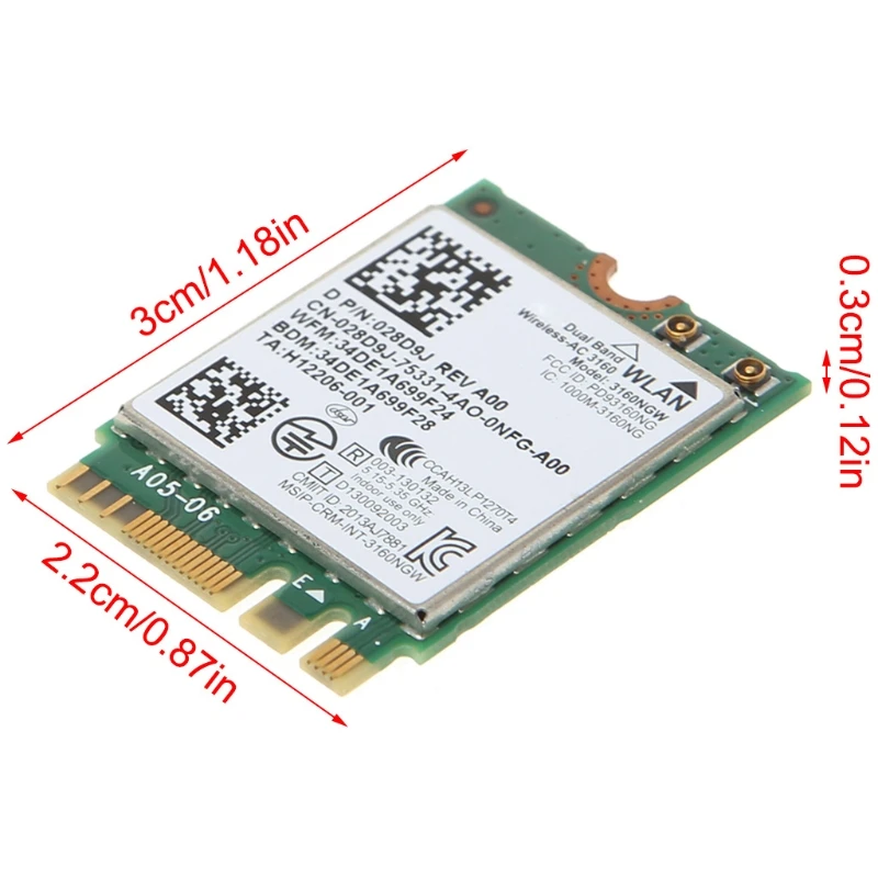 Placa Notwork 3160 3160NGW Wireless-AC 433Mb Placa WIFI banda dupla para laptops