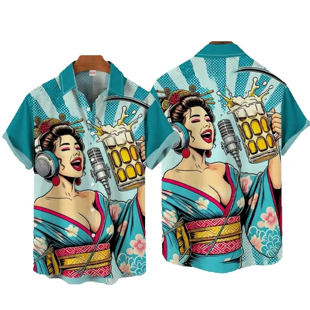 Japanese Style Men's Shirts Geisha Graphic Short Sleeve Shirt For Men Fashion Casual Streetwear Hawaiian Shirts Men Lapel Tees