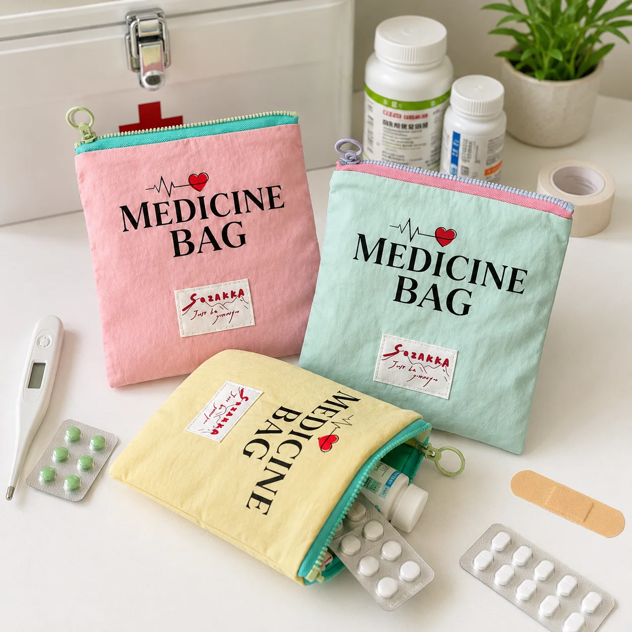 Portable Medicine Bag, Pastel Zipper First Aid Organizer Pouch, Lightweight Storage for Women, Travel, Home, School & Camping