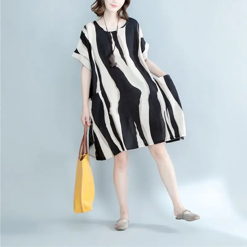 Robes en coton et lin pour femmes, mode t-shirt à rayures verticales, jupe d'été, protection solaire, décontractée, ample, manches courtes, robe surdimensionnée