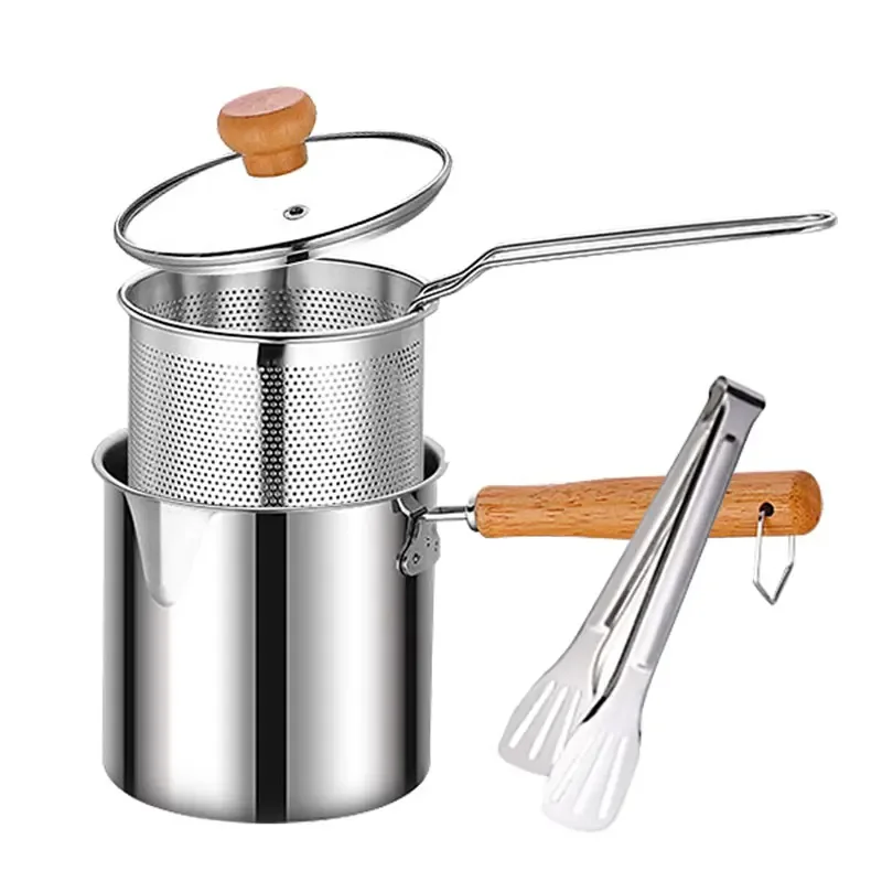 

Factory Wholesale High Quality Cookware Round Wood Handle Deep Bottom Noodle Pot with Mesh 201 Stainless Steel Deep Fryer