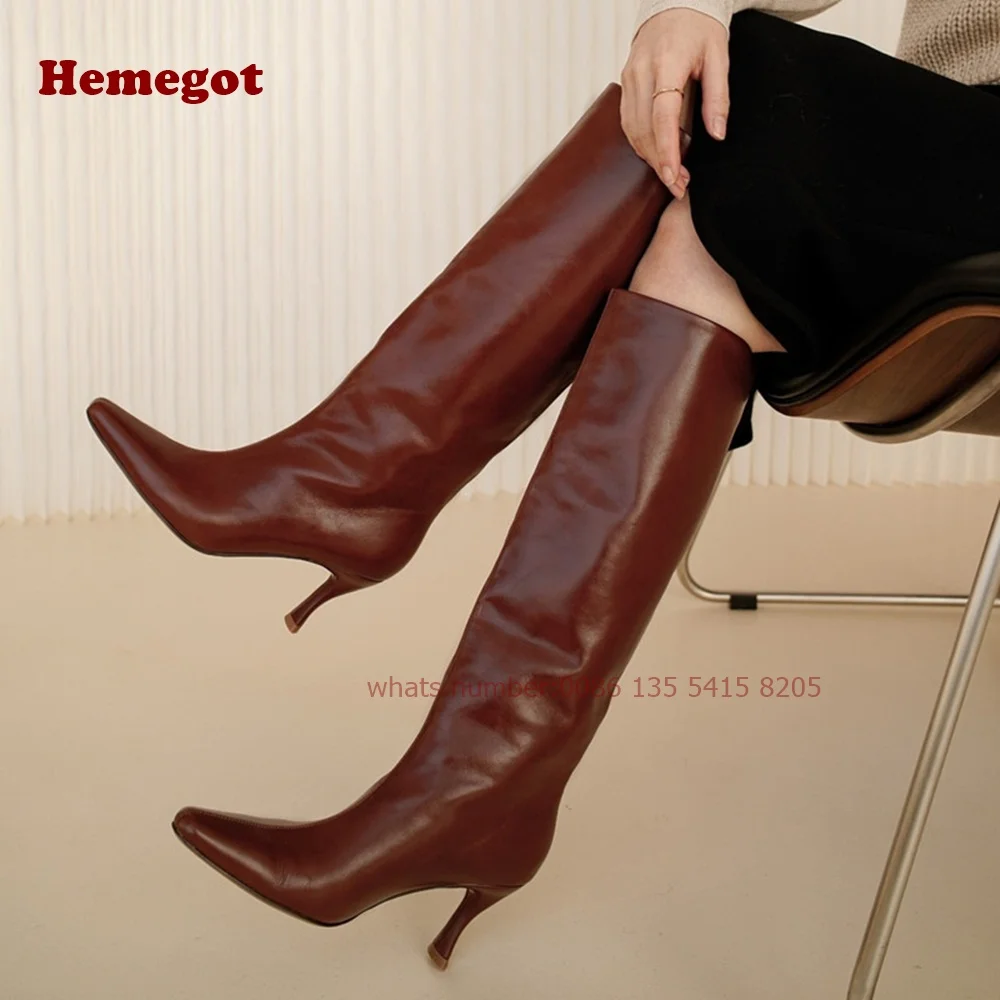 Burgundowe buty damskie Kitten Heels Knee High Boots Pointed Toe Genuine Leather Slip On Casual Winter Warm Runway Shoes Big Size