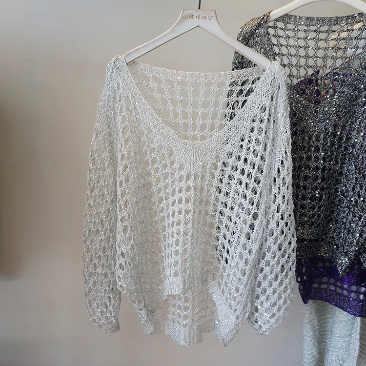 Sequin Hollow Out Loose Blouse Bright Silk Knitted Sweater Bats Sleeved V Collar Sunscreen Shirt Versatile Women 2024 Fashion