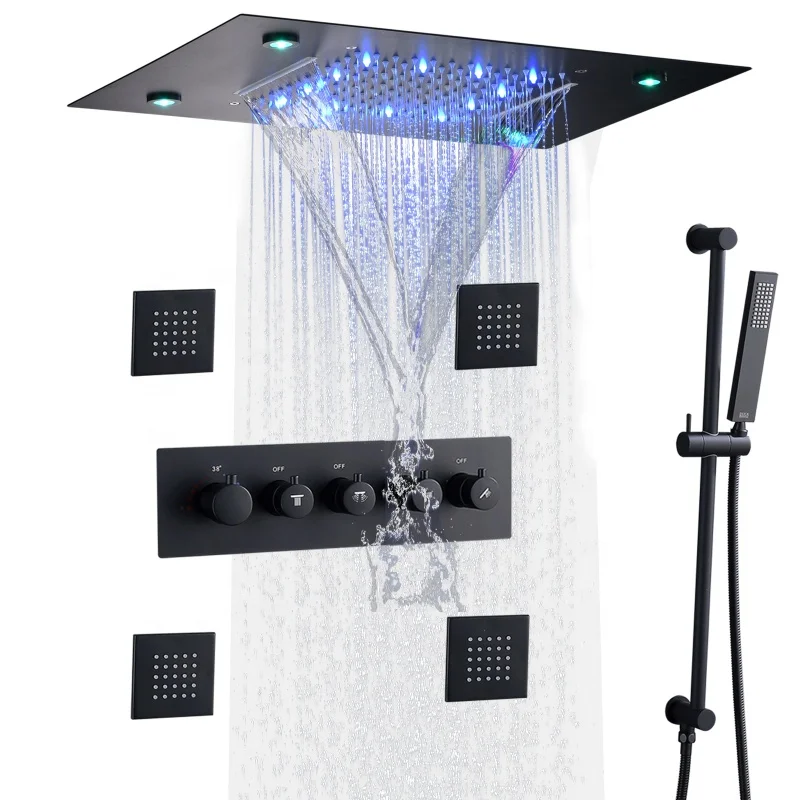 Matte Black Bath & Shower Faucets LED Thermostatic Shower Set 14 X 20 Inch Ceiling Waterfall and Rain Shower Head System