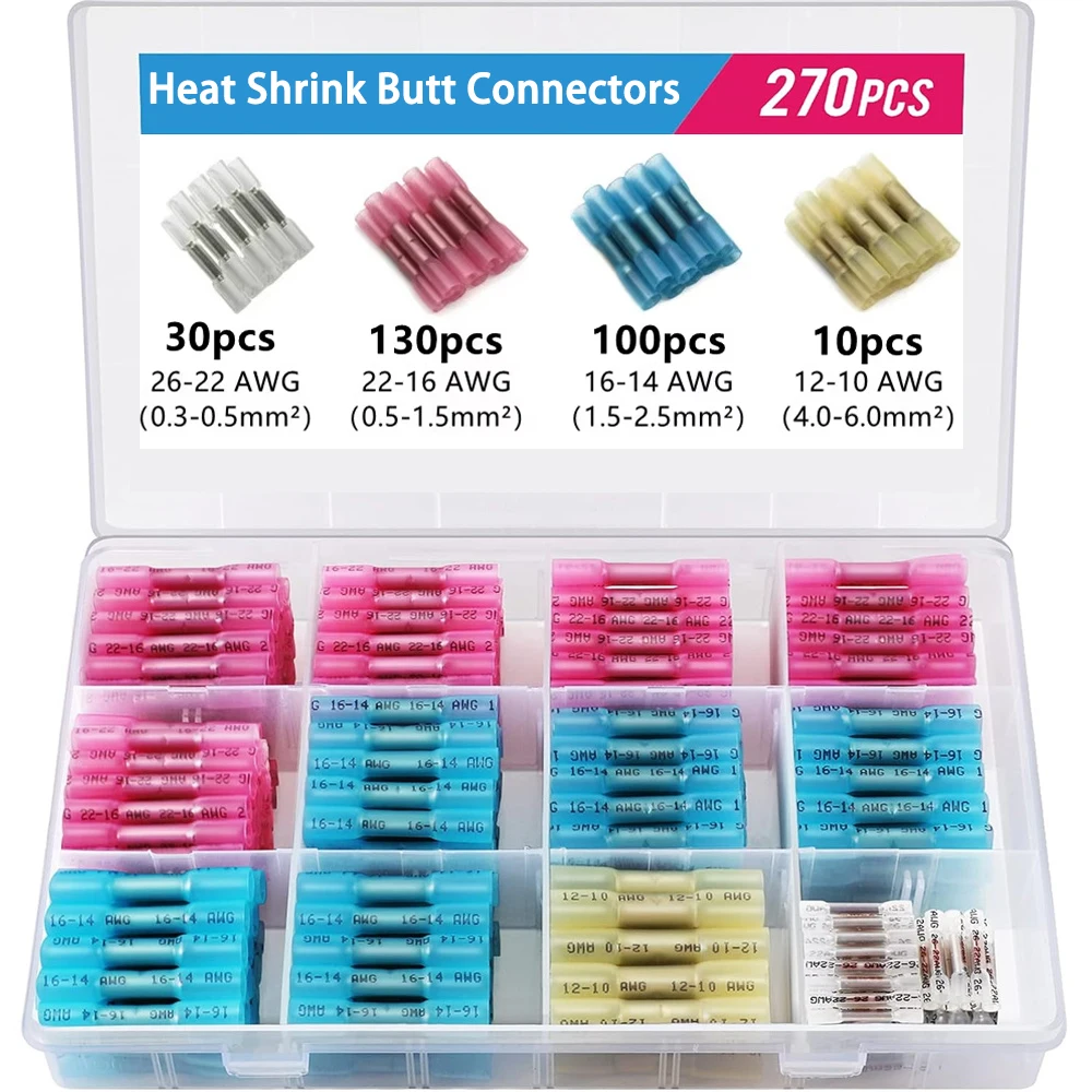 200/270/300PCS Heat Shrink Butt Connectors, Insulated Waterproof Wire Connector Kit, Tinned Copper Electrical Crimp Connectors
