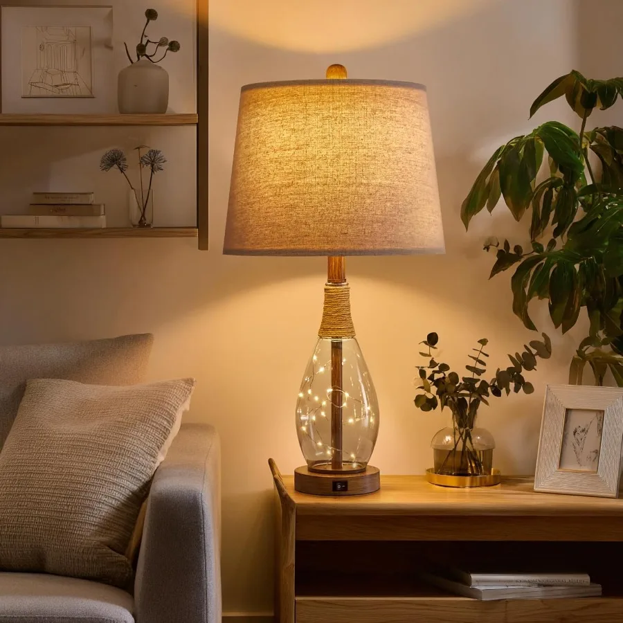 23인치 USB A+C 테이블 램프 침실 거실용 모던 침대 옆 램프 레트로 농가 스타일 라탄 유리 나이트스탠드 나이트라이트 램프