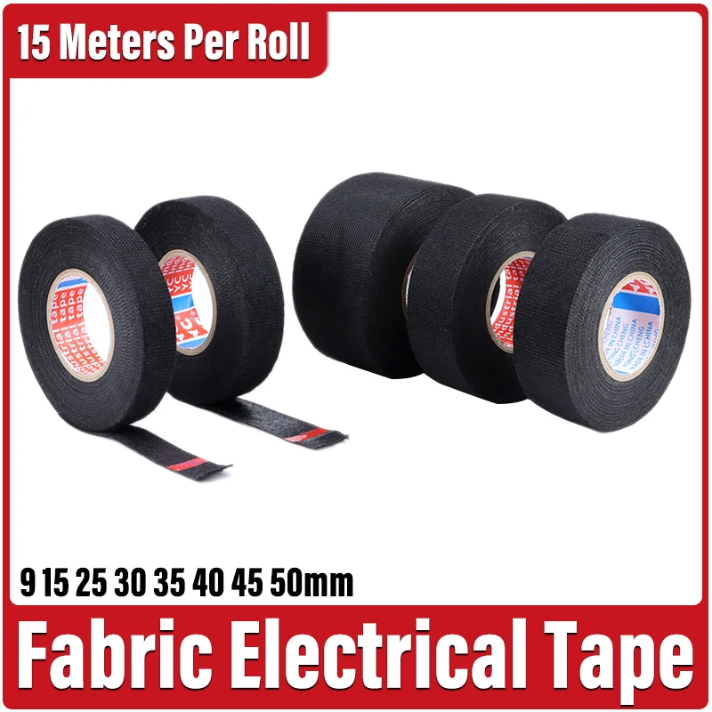 15M/Roll Fabric Electrical Tape 9 15 25 30 35 40 45 50mm Heat Resistant Harness Cloth Tape Waterproof Bundle Wrap Organize Tape