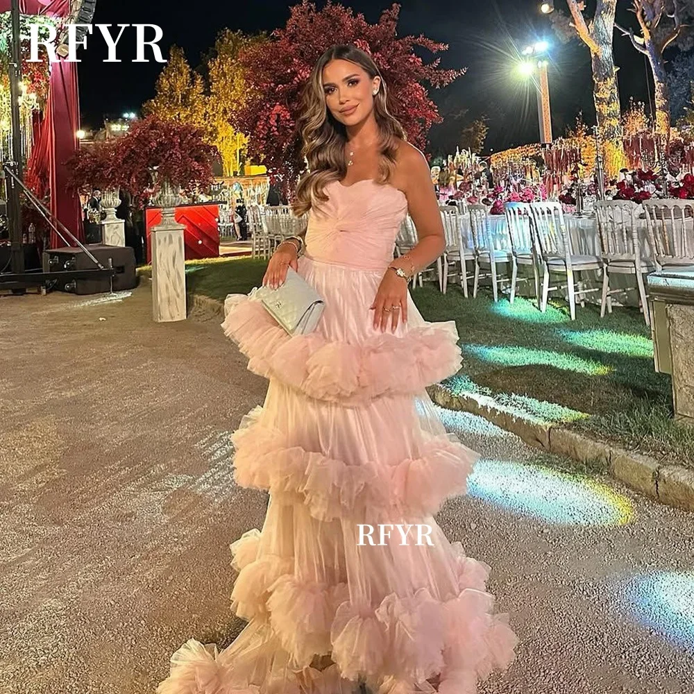 

RFYR A Line Prom Dress Strapless Evening Dress with Multilayer Celebrity Party Gown for Princess Robe vestidos fiesta Customized