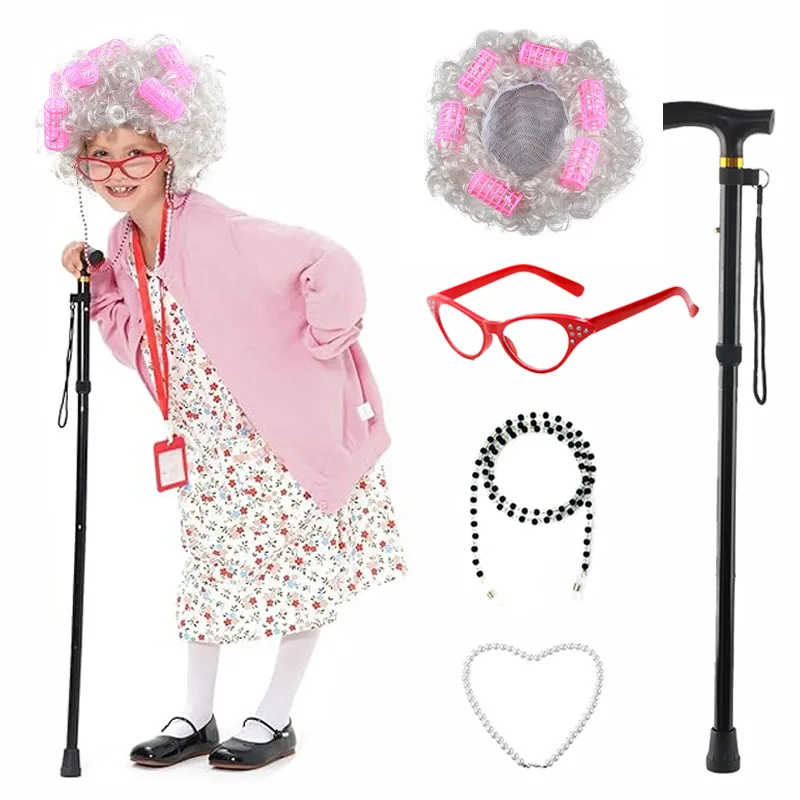 5 Pezzi Set Costume da Vecchia Signora Costume da Vecchio Costume da Nonna per Bambini Halloween Anni '20 Gatsby Parrucca da Vecchia Signora Costume da Nonna