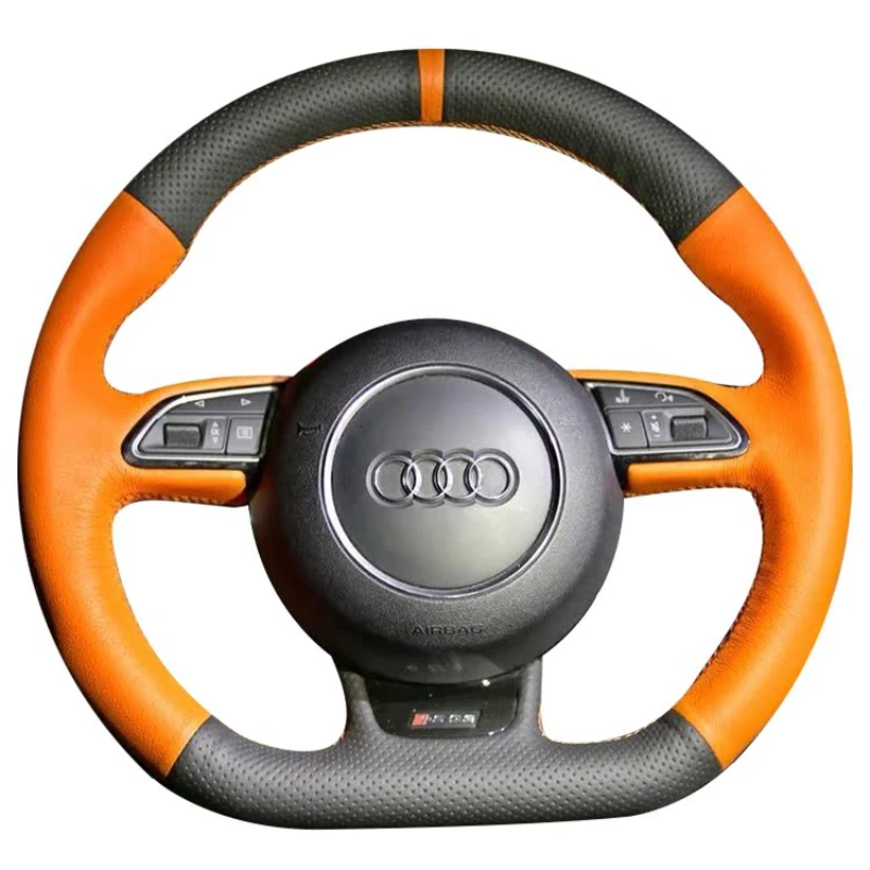 

100% For Audi S3 A5 A7 RS7 S7 SQ5 S6 S5 RS5 S4 RS4 2012-2018 Hand-stitched Black Orange Genuine Leather car steering wheel cover