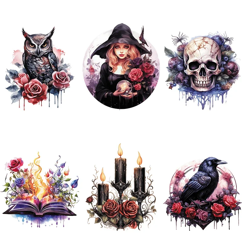 Iron On Patch Magic Witch, Terrifying Skull Crow Heat Transfer On Clothes dtf transfers ready to press Heat Transfer Printing