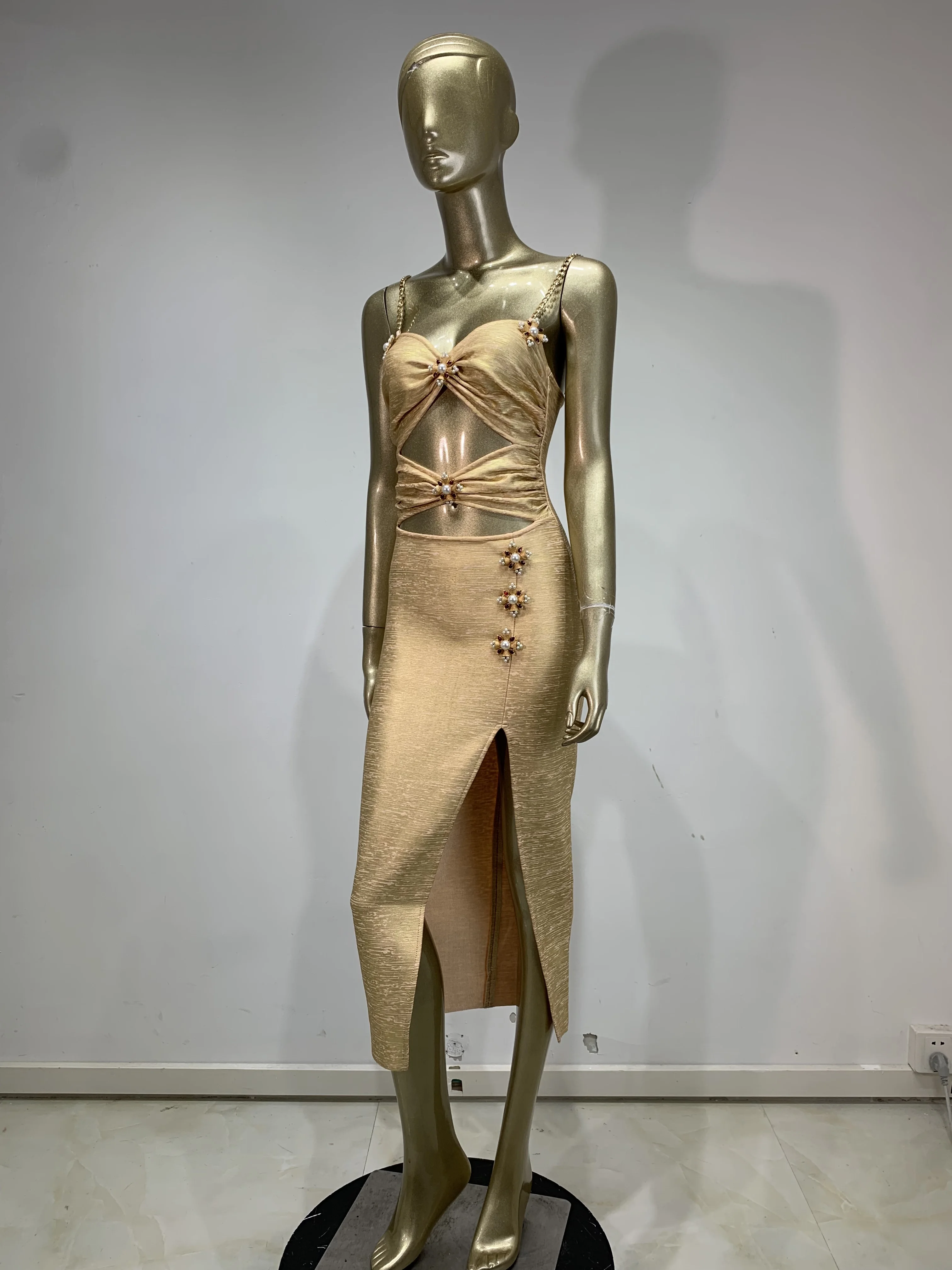 レディース サマー ゴールド ブロンズ バンテージ ドレス スパゲッティストラップ カットアウト オープンレッグ ミディ丈 カーフ丈 セレブリティ イブニング クラブ パーティー ドレス 誕生日