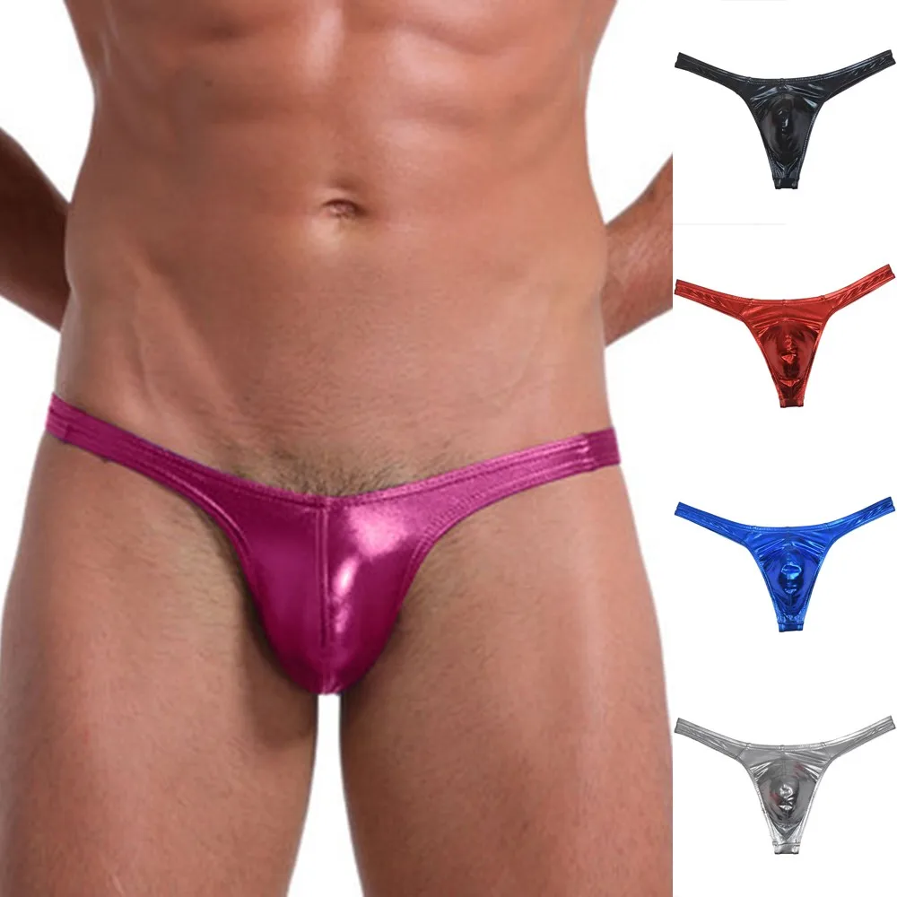 

Sexy Men's Oil Shiny Thong Leather Panties T-back Underwear Male Stretchy G-string Solid Mini Bikini Thong Bulge Pouch Underpant