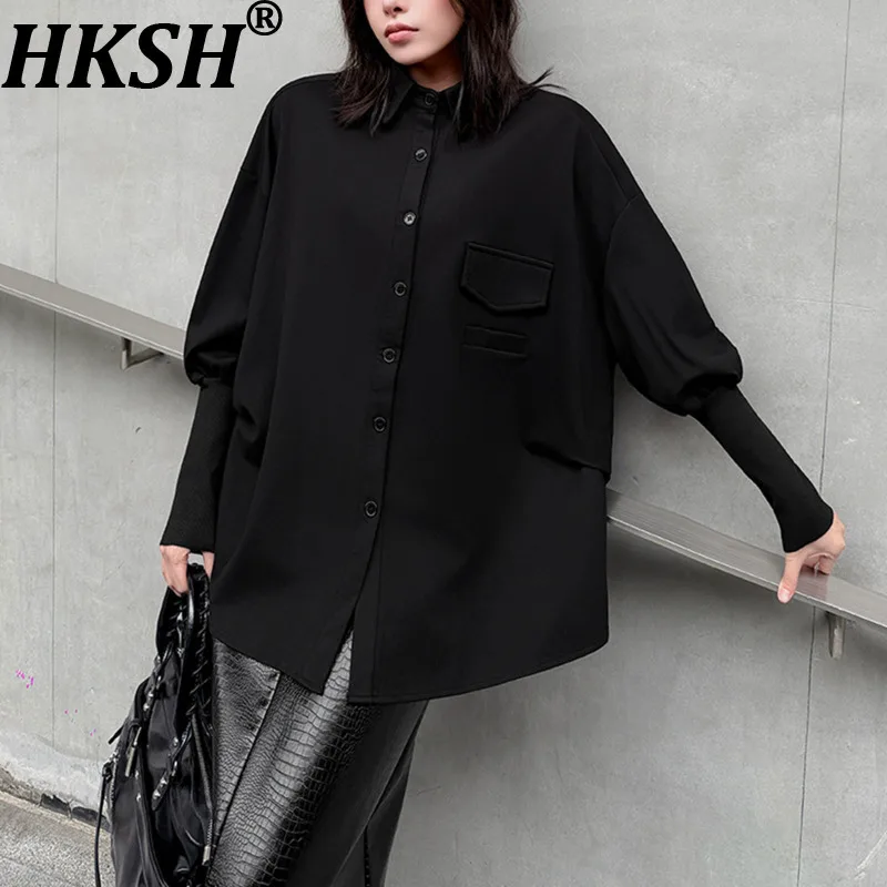 

HKSH Women Dark Shirt Turn-down Collar Long Sleeves Single Breasted Pleated Versatile Casual Blouse Chic Tops New Spring HK19703