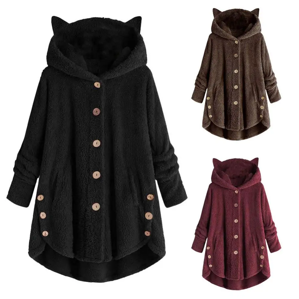 

Hooded Winter Women Irregular Hem Cute Cute Cats Ears Buttons Jacket Fleece Coat