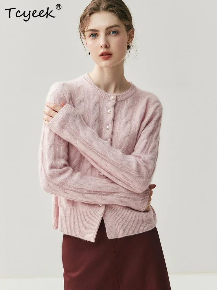 Chic Women's Sweater Autumn Winter 100% Cashmere Sweater Cardigan Twist Flower O-Neck Knit England Style Short Coat Pearl Buckle
