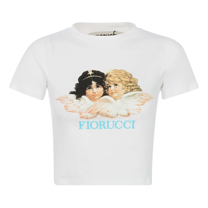 

Fiorucci Angel Pattern Printed Slim Fit ort Sve T-irt Women's Casual round Ne Top Cotton 00% ort Length