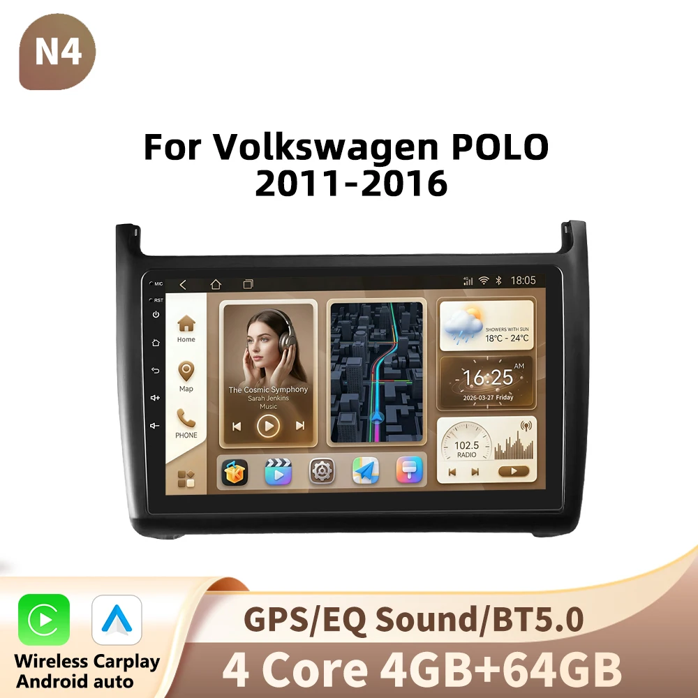 Podofo 9 inch autoradio voor Volkswagen Polo 2011-2016 met multimedia, videospeler, draadloze CarPlay, Android Auto, GPS-navigatie, 2DIN