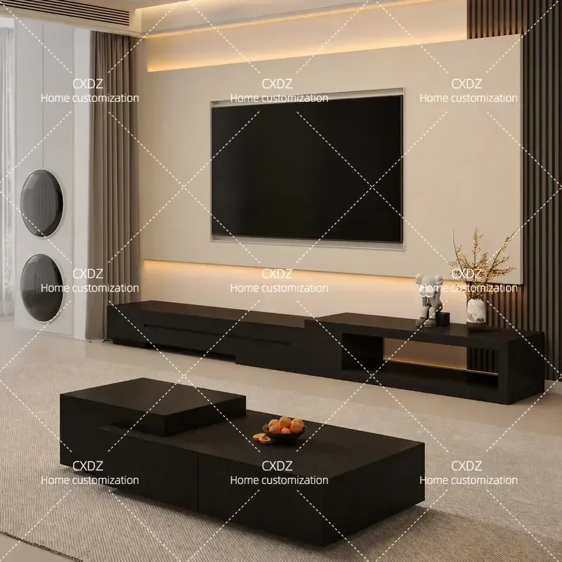 Modern Black Solid Wood TV Cabinet with Retractable Coffee Table Combo Floor Standing Media Console for Small Apartment