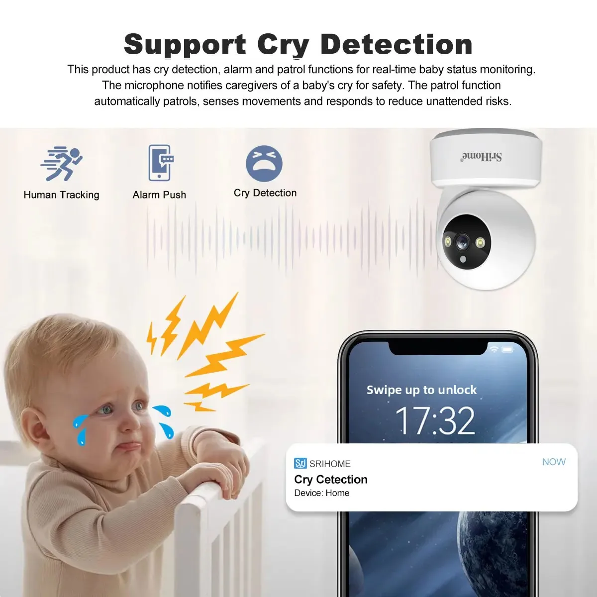 Srihome 5G WiFi Smart IP HD Camera 8MP AI Human Detect Color Night Vision Surveillance Camera Smart Life Baby Monitor Smart Home