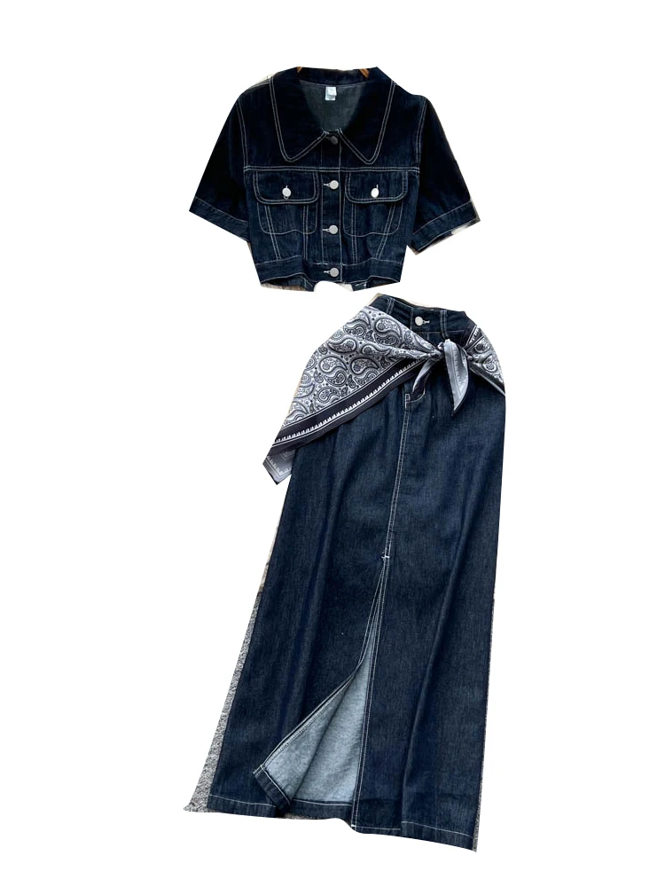 American Sle Spicy Girl Kerah Retro atau Denim Jaet Atasan Syal Sutra Rok Belah Pinggang Tinggi Kasual Dua Potong Set