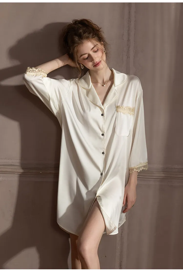 Winsleter-Women Sexy 3/4 Sleeve Nightgown, Lapel Lace Patchwork, French Sweet Loose Comfortable Pajamas, 2026 Summer P67343CC