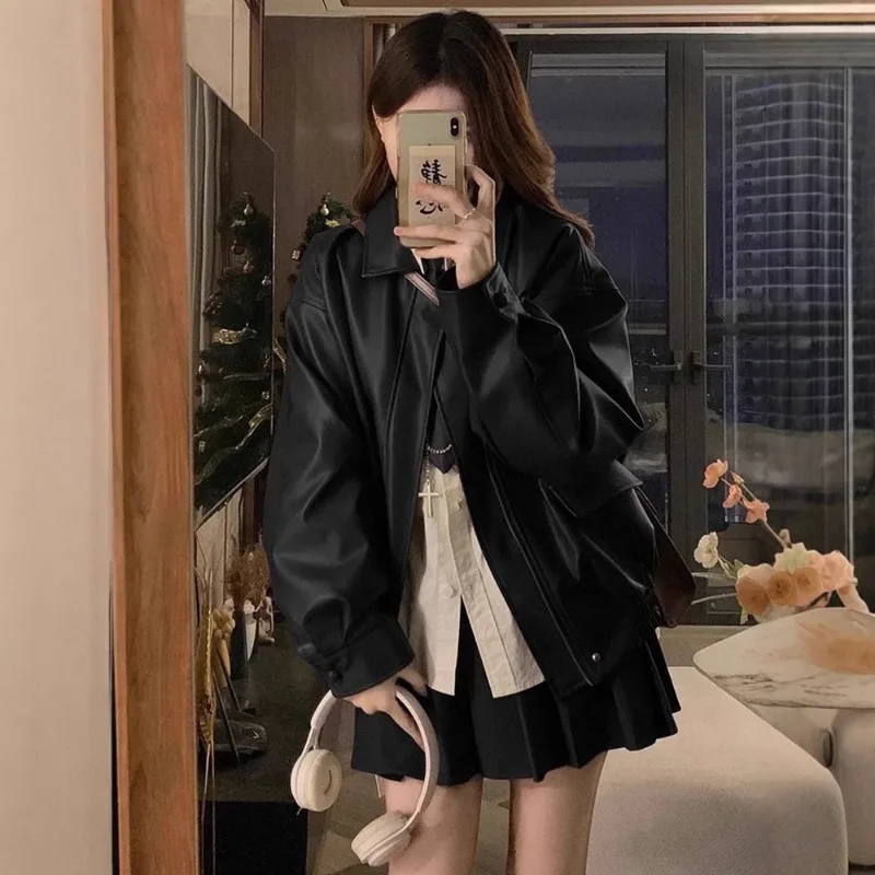 Motorcycle Leather Women's New Spring Autumn American Retro Windproof Pu Jacket Trendy Coats
