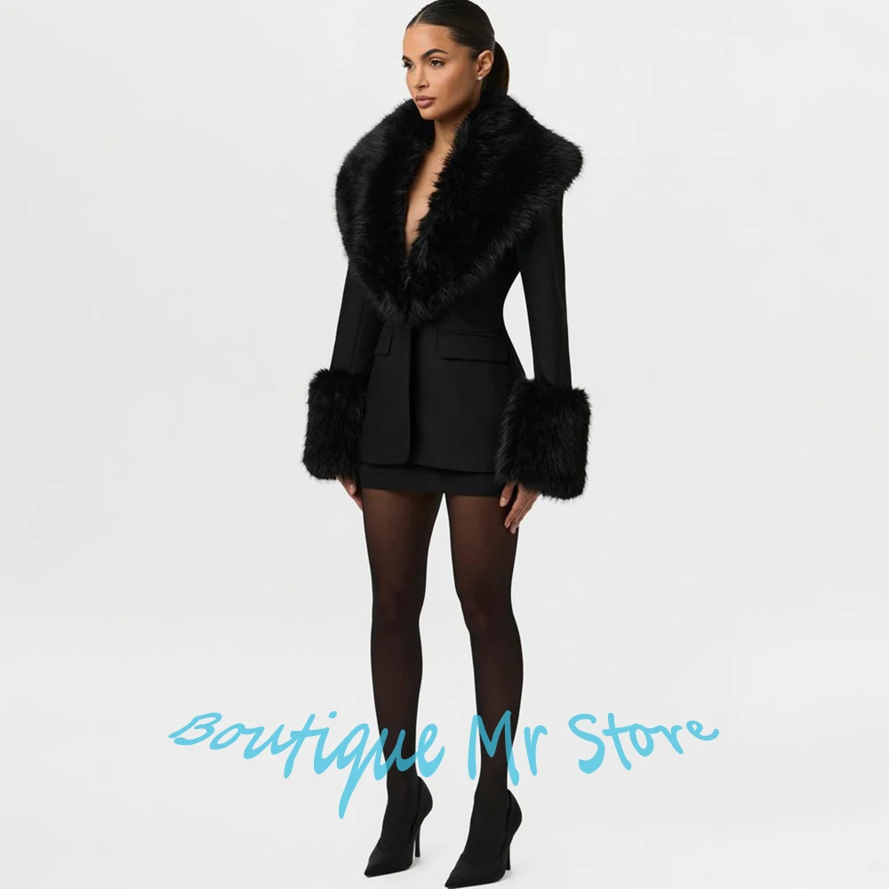 Black Faux Fur Woman Clothes Luxe Fashion Two Piece Blazer+Skirt Suit Set Elegant Formal Party Jacket Slim-Fit Evening Outerwear