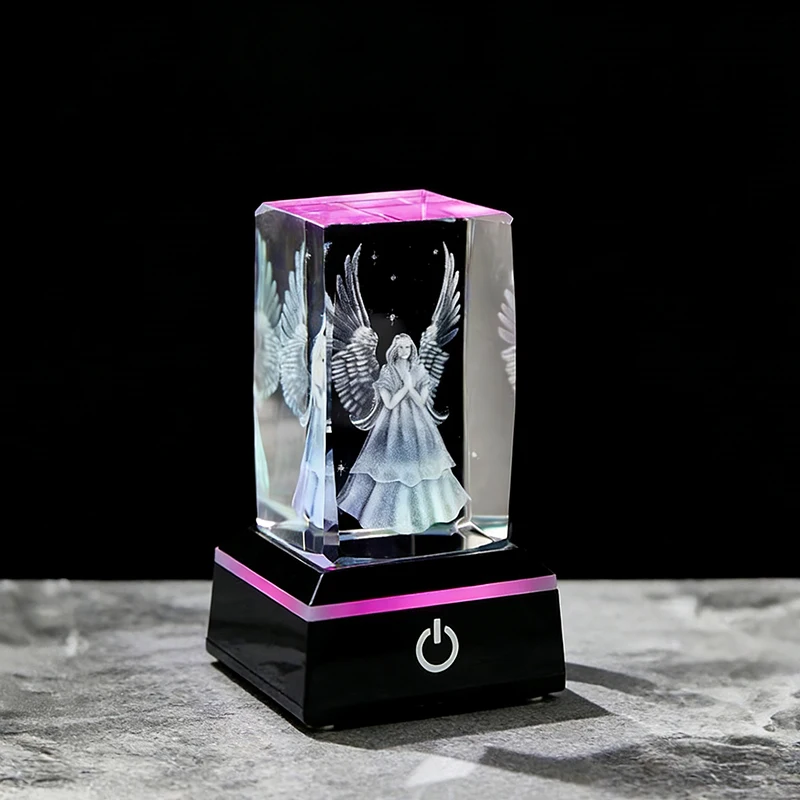 3D Guardian Angel Statue Laser Engraved Crystal Cube Figurines Baby Baptism Favors Gifts Home Decoration
