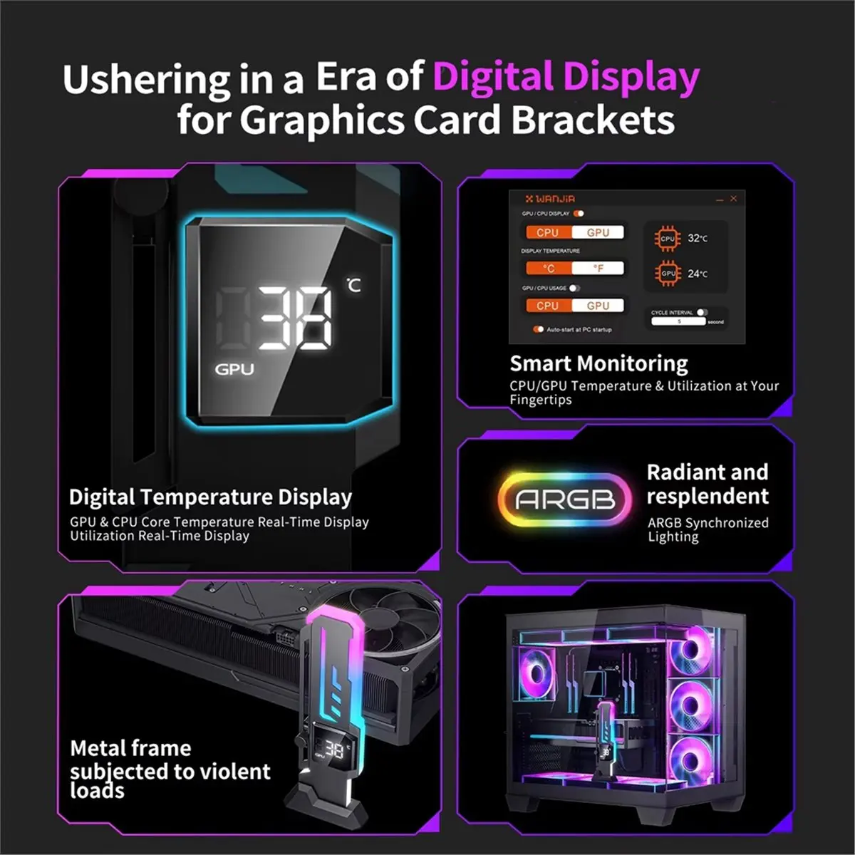 2X Z-X7 PRO ARGB GPU Holder Bracket with Digital Temperature Display 5V 3Pin ARGB Graphics Card Holder Adjustable Height