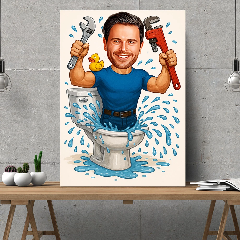 Custom Plumber Caricature Prints Funny Handyman Gift Poster Custom Cartoon Portrait Canvas Painting Home Office Wall Art Decor