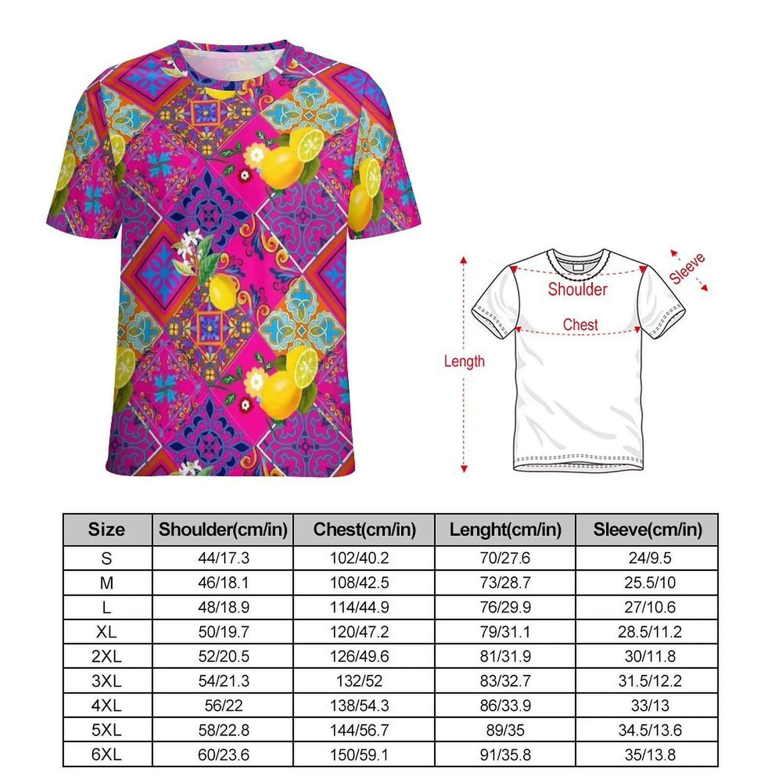 Bright Majolica Lemon Tile Print T Shirt For Men O Neck T-Shirts Summer Hip Hop Tops Short-Sleeve Streetwear Plus Size Tee Shirt