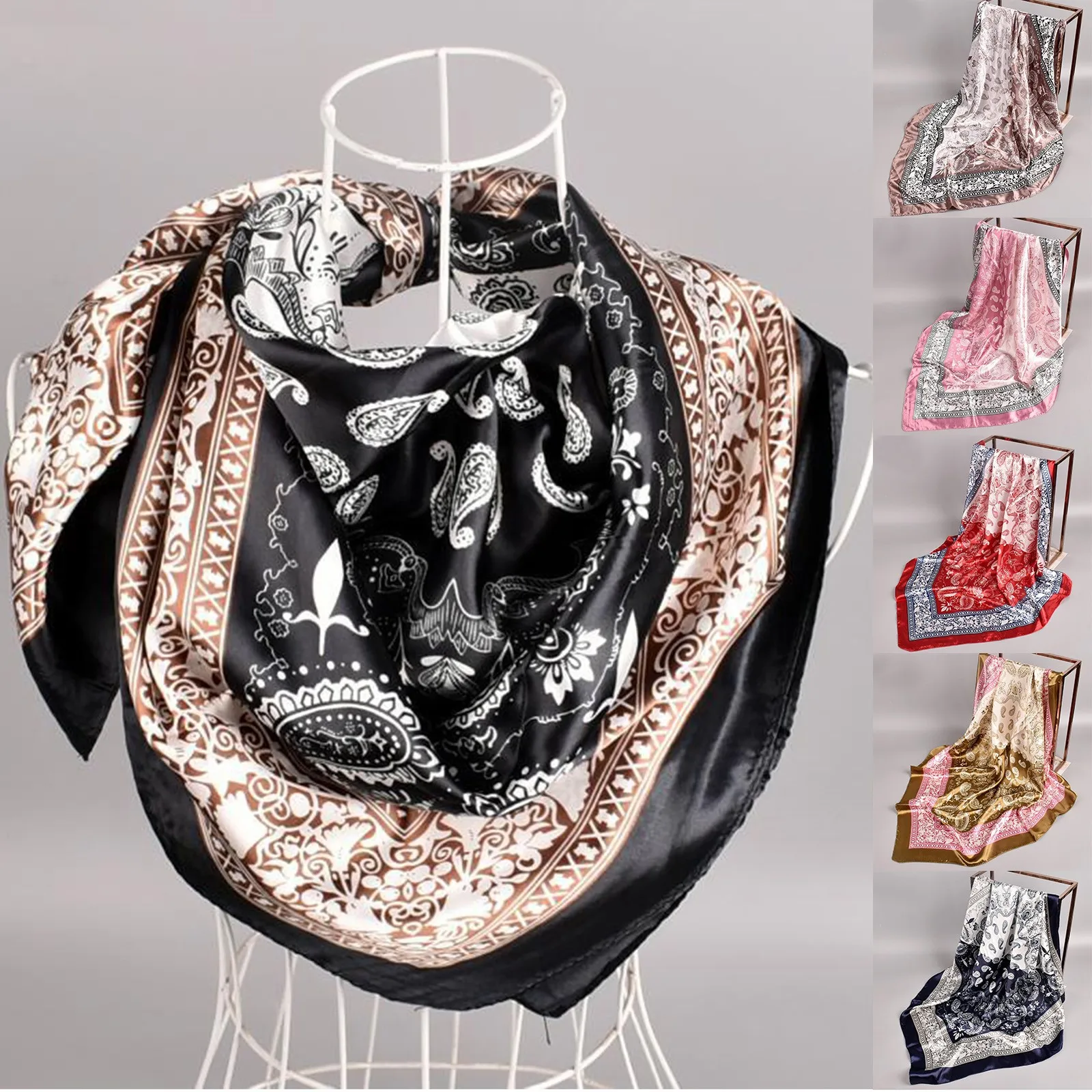 Womens Square Silk Scarf Spring Summer Paisley Print Satin Cashew Flower Prints Square Scarf Handkerchief Girls Scarf Hairbands