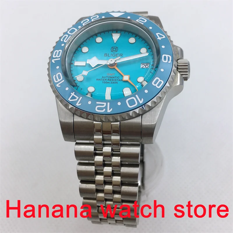 BLIGER NH34A(GMT) Watch 40mm Dome glass silver case  Luminous blue dial Snowflake hand ceramic bezel