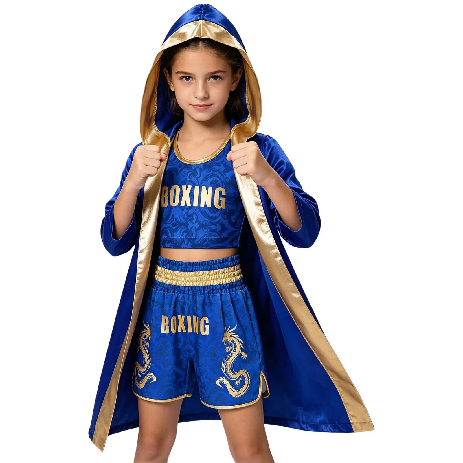 Kinder Jungen Mädchen Metallic-Verzierung Kampf-Boxoutfit mit Kapuze, Boxermantel und Gürtel, Blumenmuster-Weste mit elastischem Bund und Shorts – Detail 9