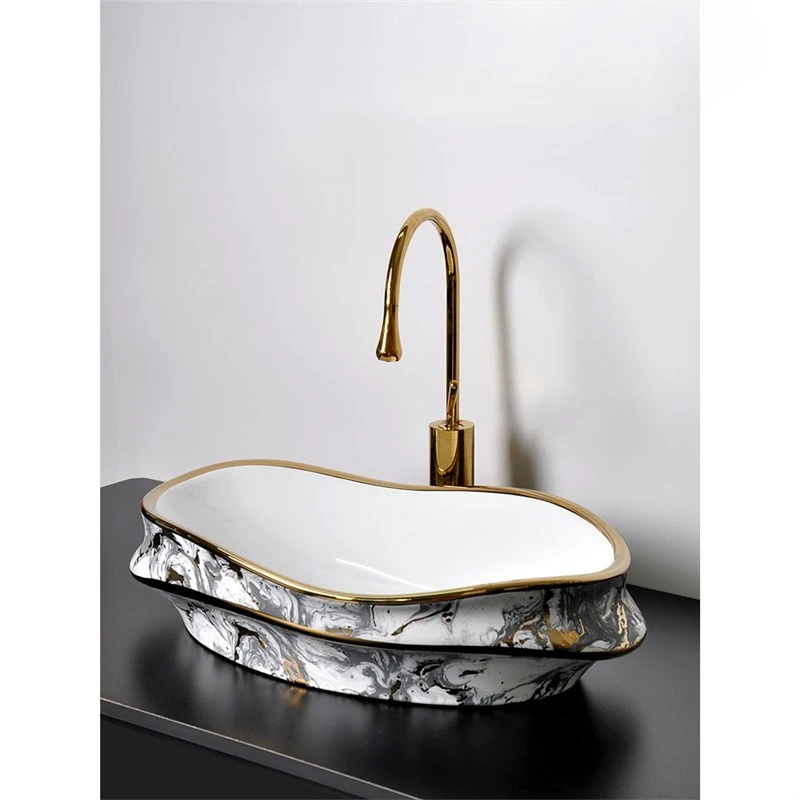 wave shaped special-shaped platform basin light luxury electroplating personalized Chinese ceramic gold edge