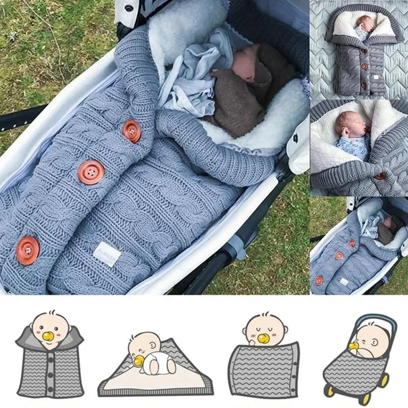 Newborn Baby Knitted Stroller Sleeping Bags Button Knit Wrap Swaddle Blankets Bedding Envelope Infant Sleepsack 0-1-2 Month S08