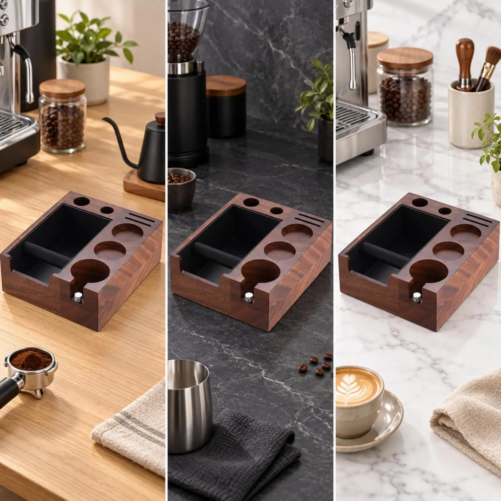 Coffee Espresso Knock Box Walnut Grain Surface Silicone Knocking Bar Detachable Grounds Container for Coffee Machine Setup