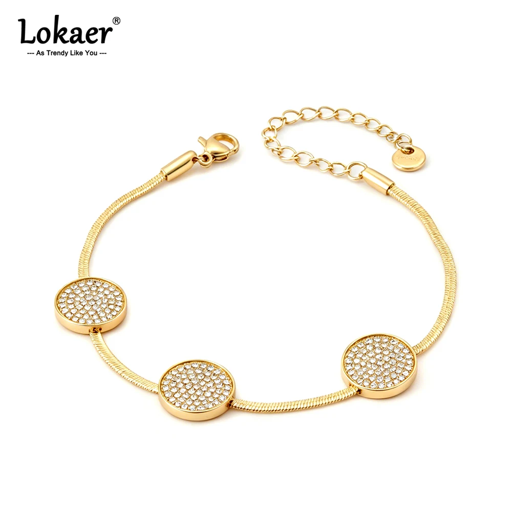 Lokaer Zartes geometrisches rundes Charm-Armband mit Zirkon für Damen, hochwertige Edelstahl-Gliederkette, wasserdichter Schmuck B26022